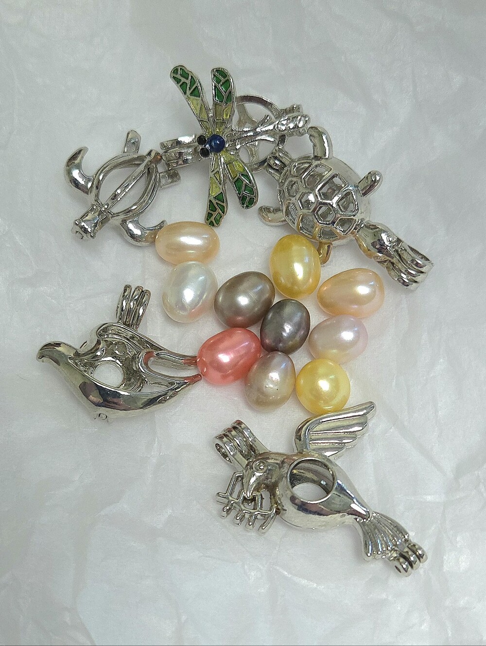 Genuine Pearl Cage Pendant Lot Dragonfly Turtles Dove Bird 5 Pendants 10 Pearls